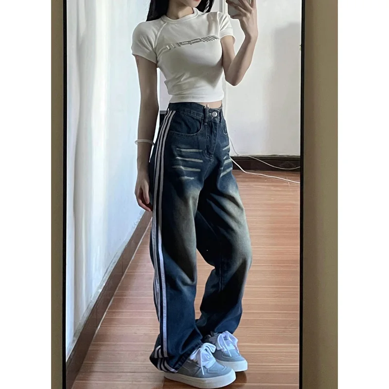 Retro American Spicy Girl Liquid Metal Print ort Sve T-shirt Dames Zomer oulder Insert Slim Fit ort Lengte Top