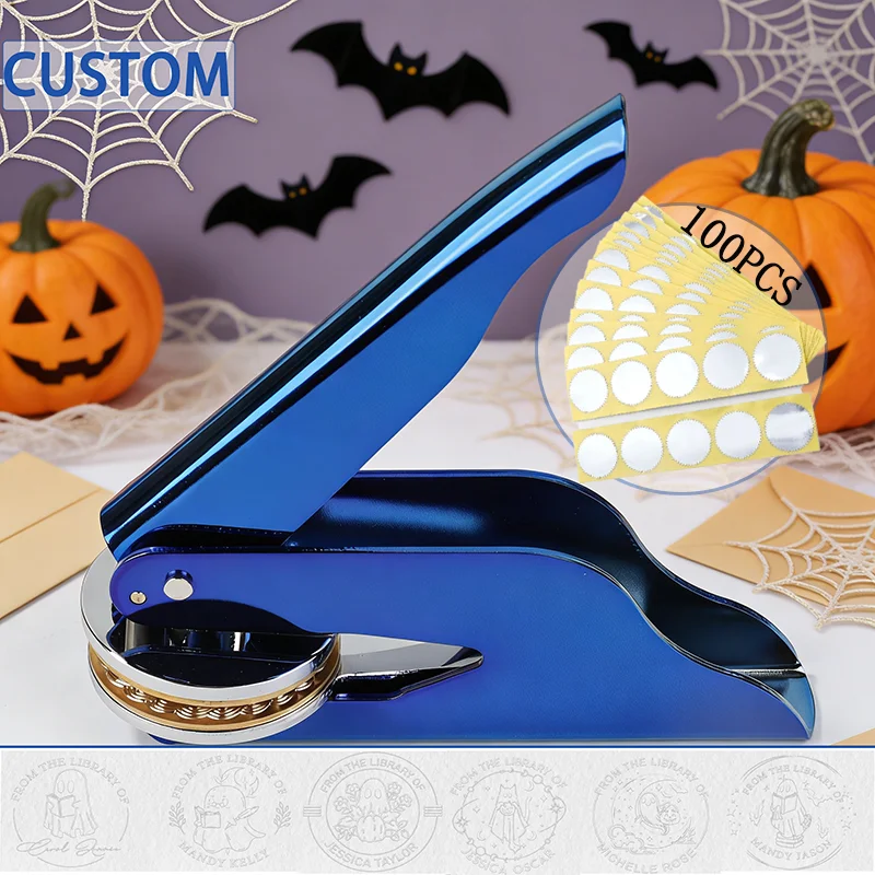 

Персонализированный эмбоссер для книг, набор из 100 серебряных наклеек, библиотечный эмбоссер-штамп, эмбоссер-экслибрис на Хэллоуин, индивидуальный эмбоссер для книг