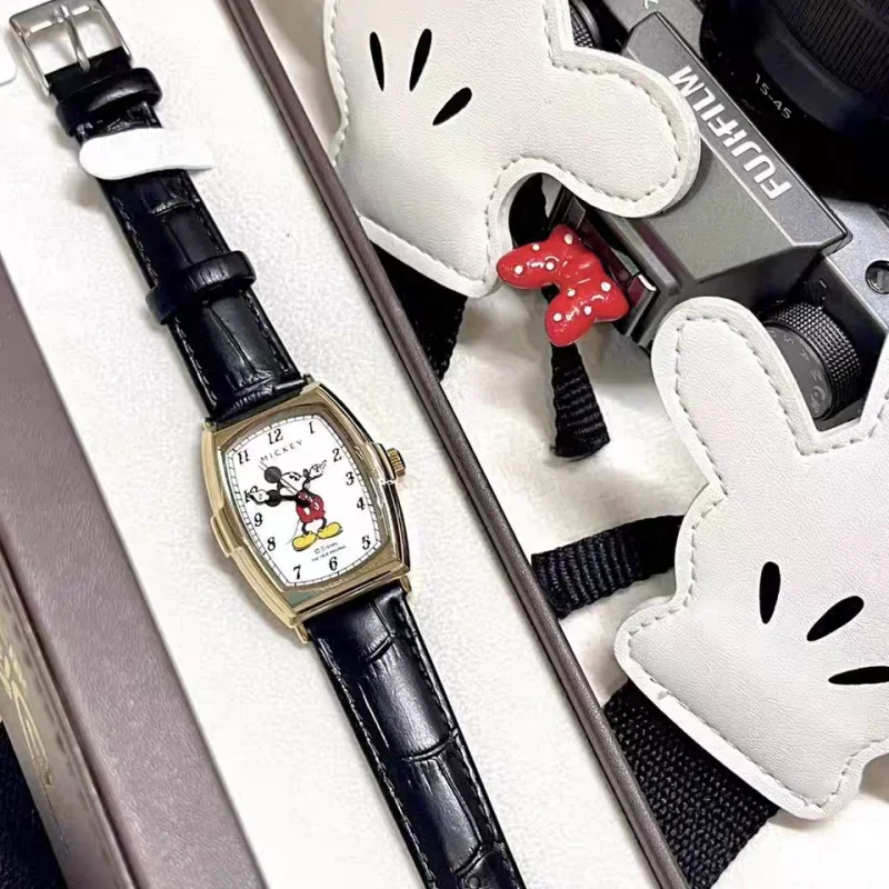 Anime Disney Original Unisex Men Women Tonneau Dial Mickey Mouse Quartz Wristwatch Luminous Waterproof cute Clock Xmas Gift