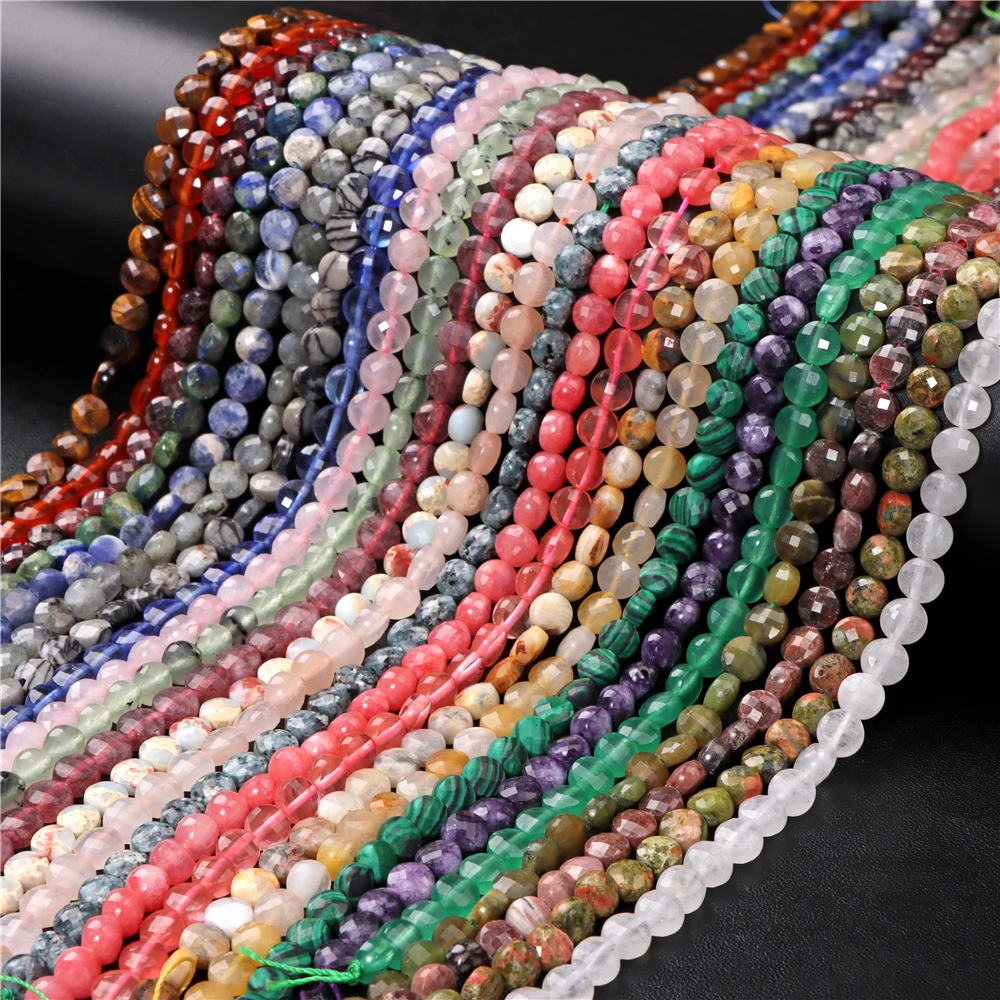 4 6MM Natural Round Faceted Flat Stone Bead Quartzs Agat Jaspers Loose Spacer Beads For DIY Rings Bracelet Necklace Accessories