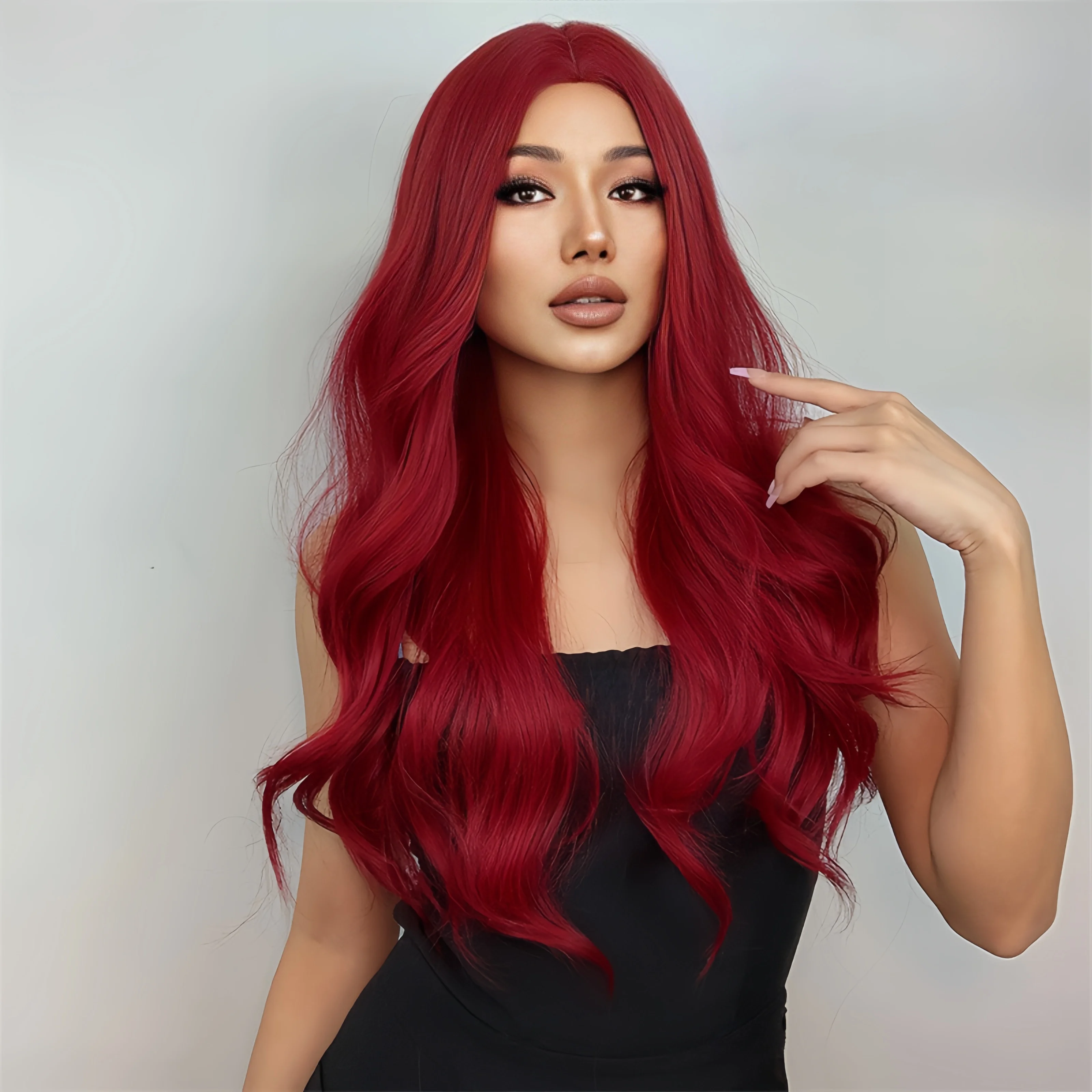 Red synthetic wig girl with parted long curly hair for party cosplay in daily life with high-temperature synthetic hair wig image 4