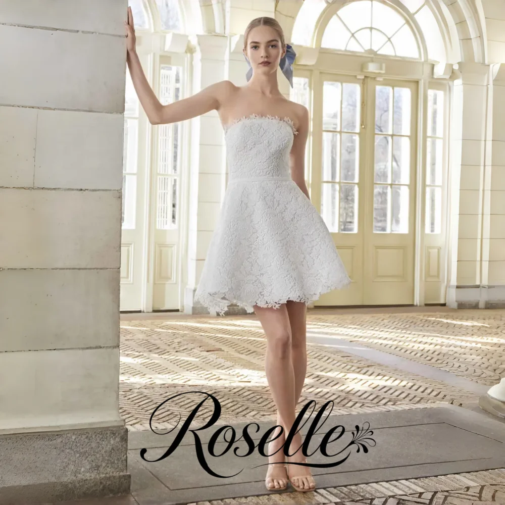 ROSELLE Mini Lace Strapless Sleeveless A-Line Wedding Dress Open Back With Blue Bow 2026 Bridal Gown Customized свадебное платье