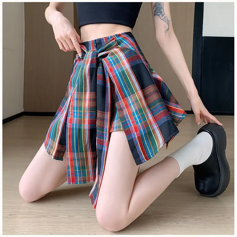 Irregular Check Korean Ladies Zipper High Waist A-Line Skirt Summer Patchwork Bow Women'S Clothing Young Style New Shorts