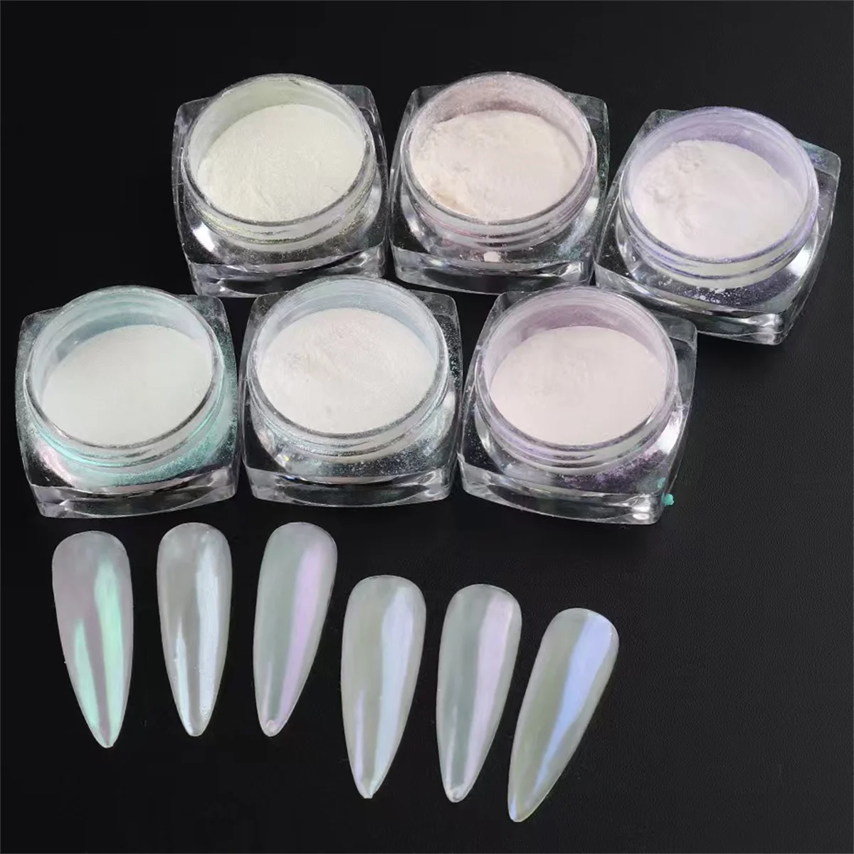 1 set 6 pezzi polvere per unghie al chiaro di luna polvere per specchio magico bianco delicato brillante Aurora smalto combinato UV e LED creazione di nail art