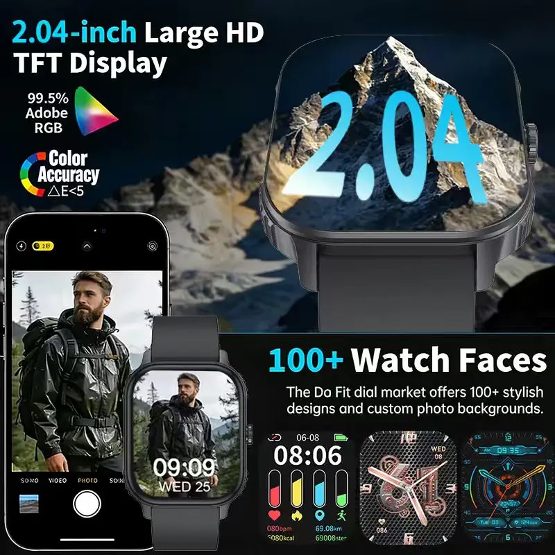 2026 New 1000mAh Neutral Smart Watch 2.04-inch HD Screen with 100+Sports Mode, Heart Rate, Blood Oxygen Health Monitoring Watch