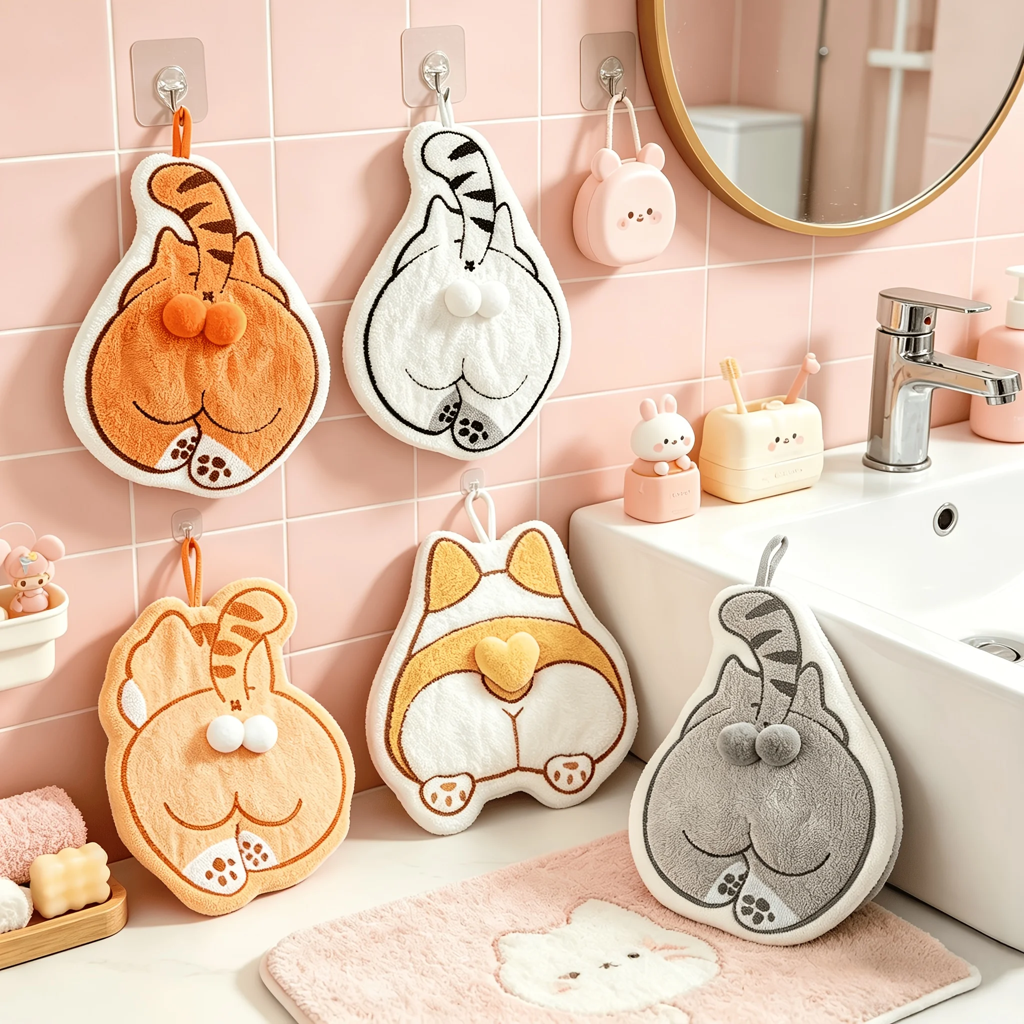 New Funny Interesting Hand Towels, Cute Cat And Dog Shaped Butt Hand Towels,Thickened Absorbent Coral Fleece Hand Towels,Hanging