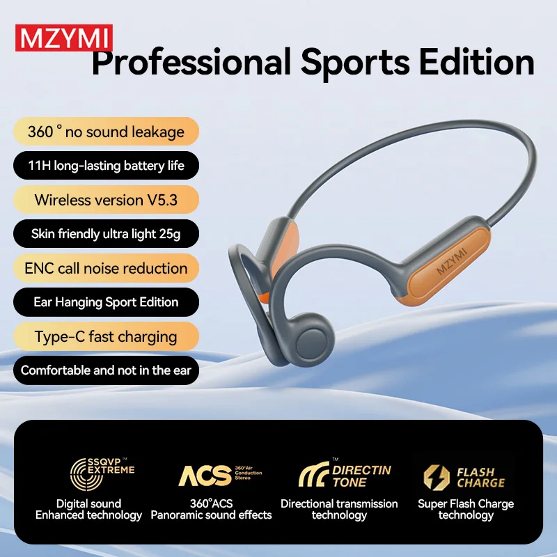 

MZYMI Bone Conduction Wireless Bluetooth Headset Bluetooth 5.3 Waterproof Sport Headset Suitable For Outdoor With Mic For Phones