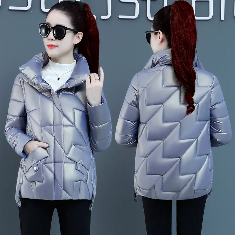 

2022 Winter Jacket Parkas Women Clothing Chic Glossy Down Cotton Coats Stand Collar Parka Tops Warm Female Short Padded Outwear