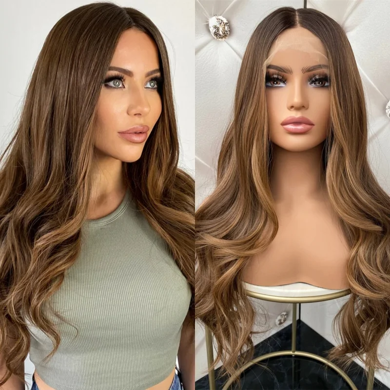 

Новый модный парик Ombre Карамельно-коричневый мелирование Синтетические парики фронта шнурка Высококачественный парик Длинный объемный парик Парики для вечеринок на каждый день