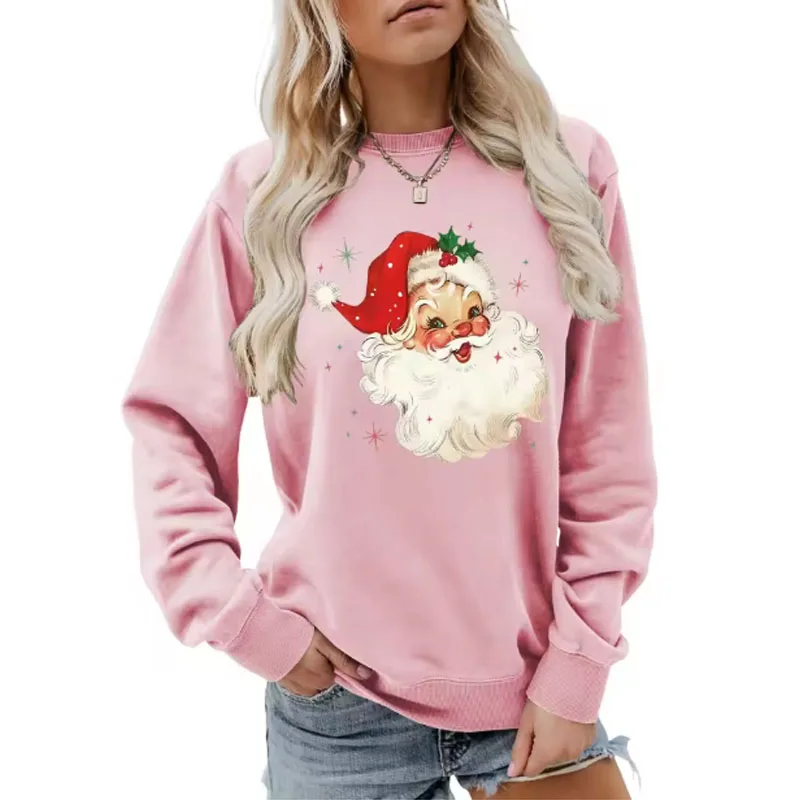 

Женская праздничная толстовка с капюшоном, розовая Санта-Рождественская толстовка с длинными рукавами, винтажная ретро повседневная пуловер с круглым вырезом для празднования Нового года