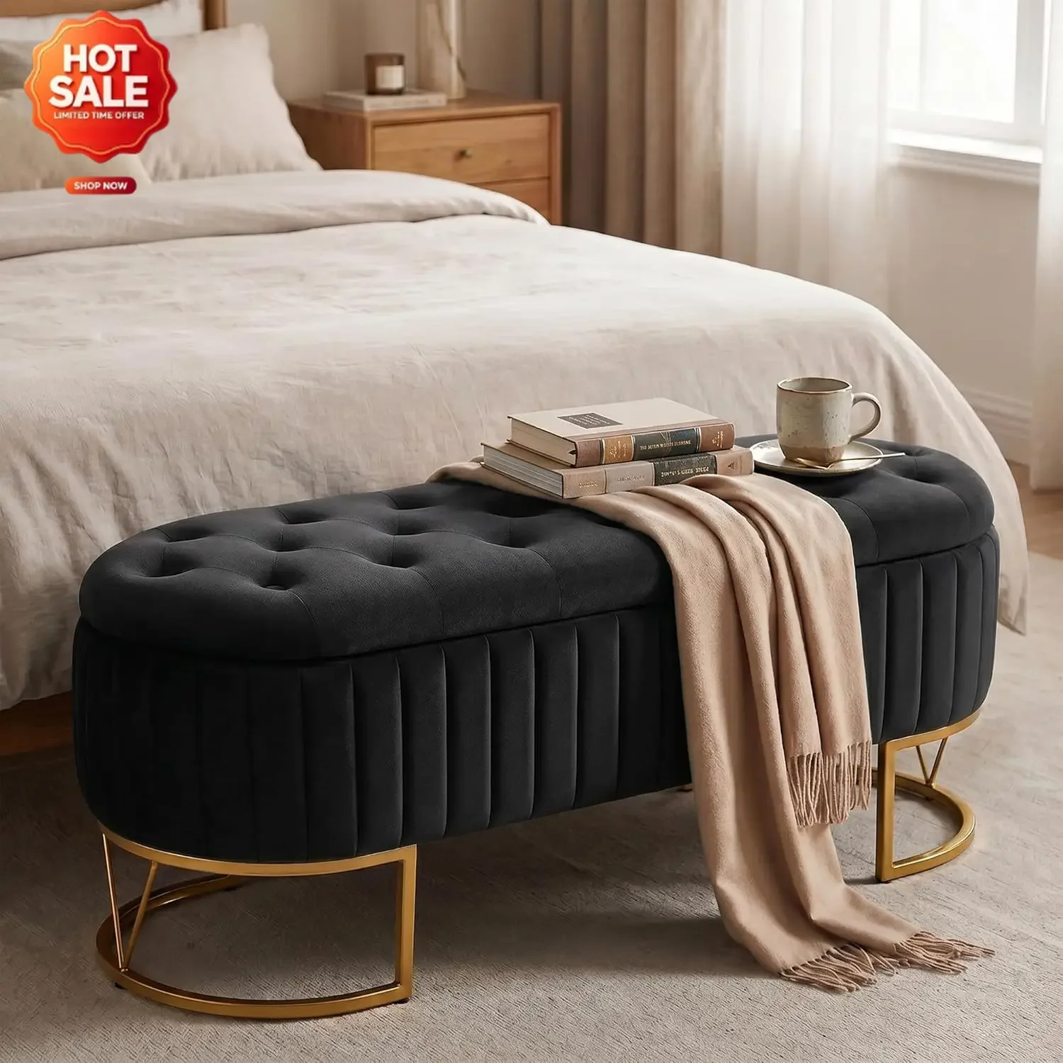 Velvet Oval Upholstered End of Bed Bench with Golden Metal Legs, 46' Modern Tufted Storage Ottoman Bench for Bedroom, Living Roo