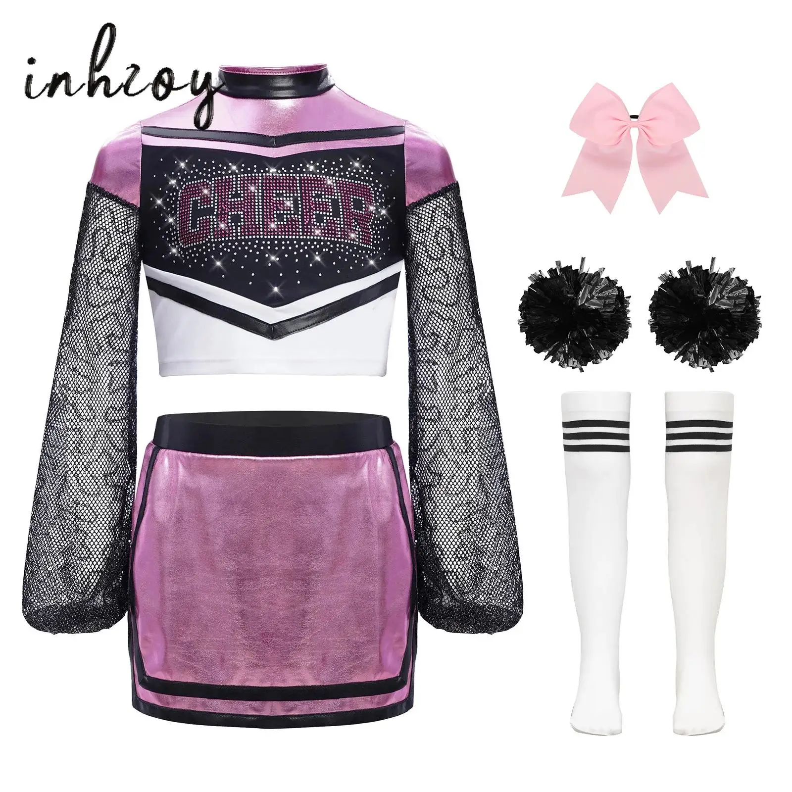 

Kids Girls Cheerleading Uniform Hollow Out Mesh Long Sleeves Rhinestone Letters Print Crop Top+Skirt+Headwear+Flower Balls+Socks