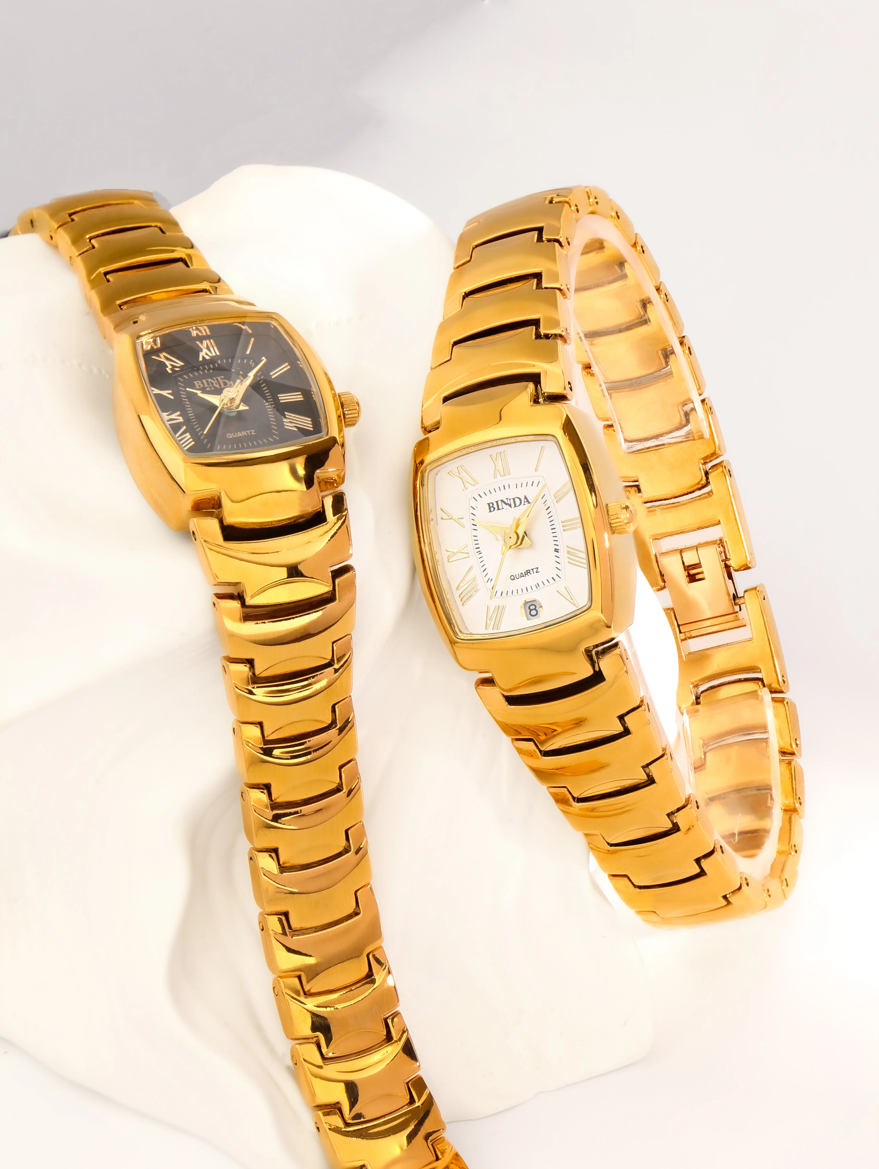 Binda Relógio de quartzo feminino luxuoso dourado e preto, estilo retrô elegante, relógio de pulso com pulseira de negócios da moda