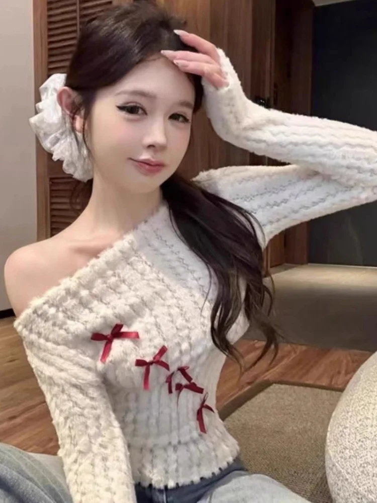 

Sexy American Design Plu oulder Bared Long Sve Slimming Overhead Top for Women Commute Sle Universal Fit Knot