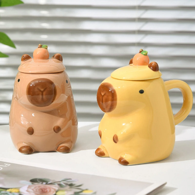 ハンドルと蓋付きのセラミックコーヒーマグ,カピバラ漫画,楽しいティーカップ,女の子へのギフト,パーティーアクセサリー,写真,かわいい,3D