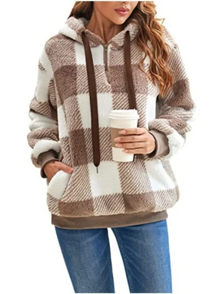 Female Loose Plush Pullover Autumn Fashion Hooded Hood Pocket Lace-up Sweatshirt Lady Winter Casual Checkered Pattern Streetwear