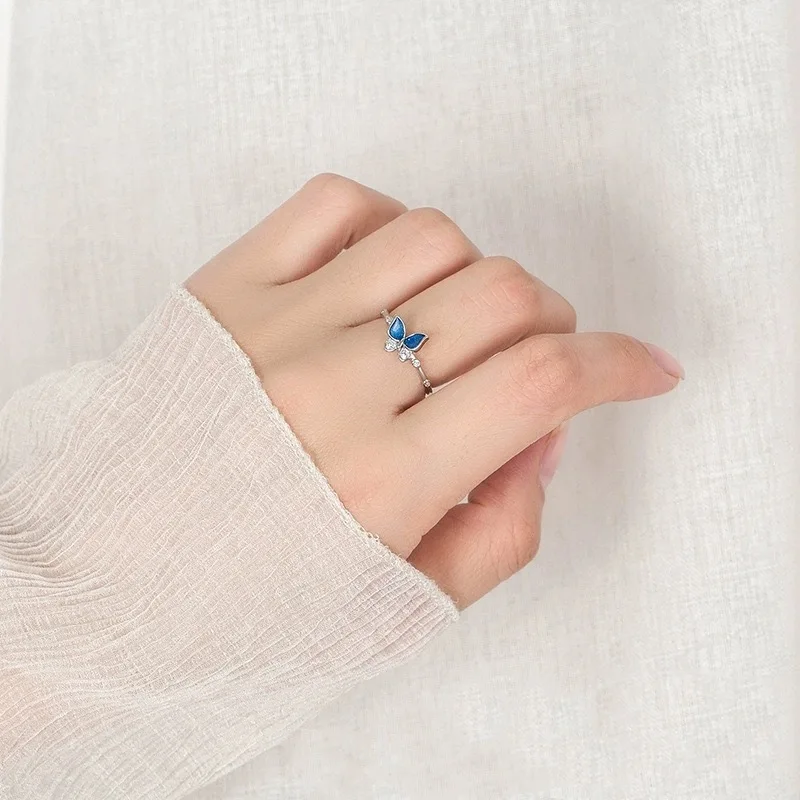 Sole Memory Shiny Cute Zircon Blue Drop Glaze Butterfly Hot Sale 925 Sterling Silver Resizable Opening Ring For Women RI1316