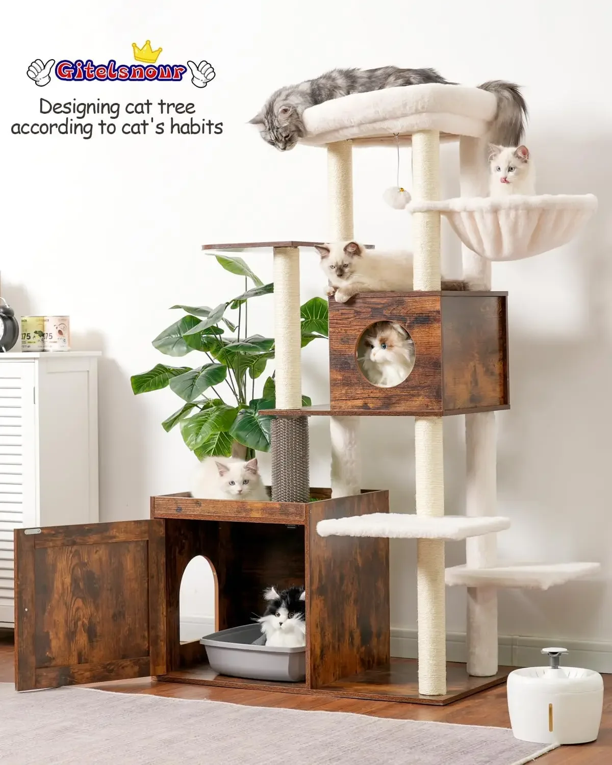 Árbol para gatos con caja de arena, torre grande de madera para gatos, condominio para gatos de interior con jardín de juegos (hoja, césped, gomas para el cabello)