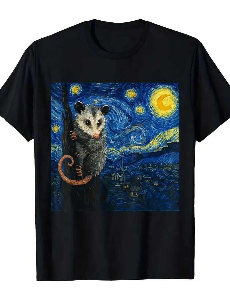 Men's Van Gogh Starry Night Opossum T-Shirt For Spring Summer Autumn Daily Holiday Wear, S-Xxxl, Breathable Graphic Print Tee