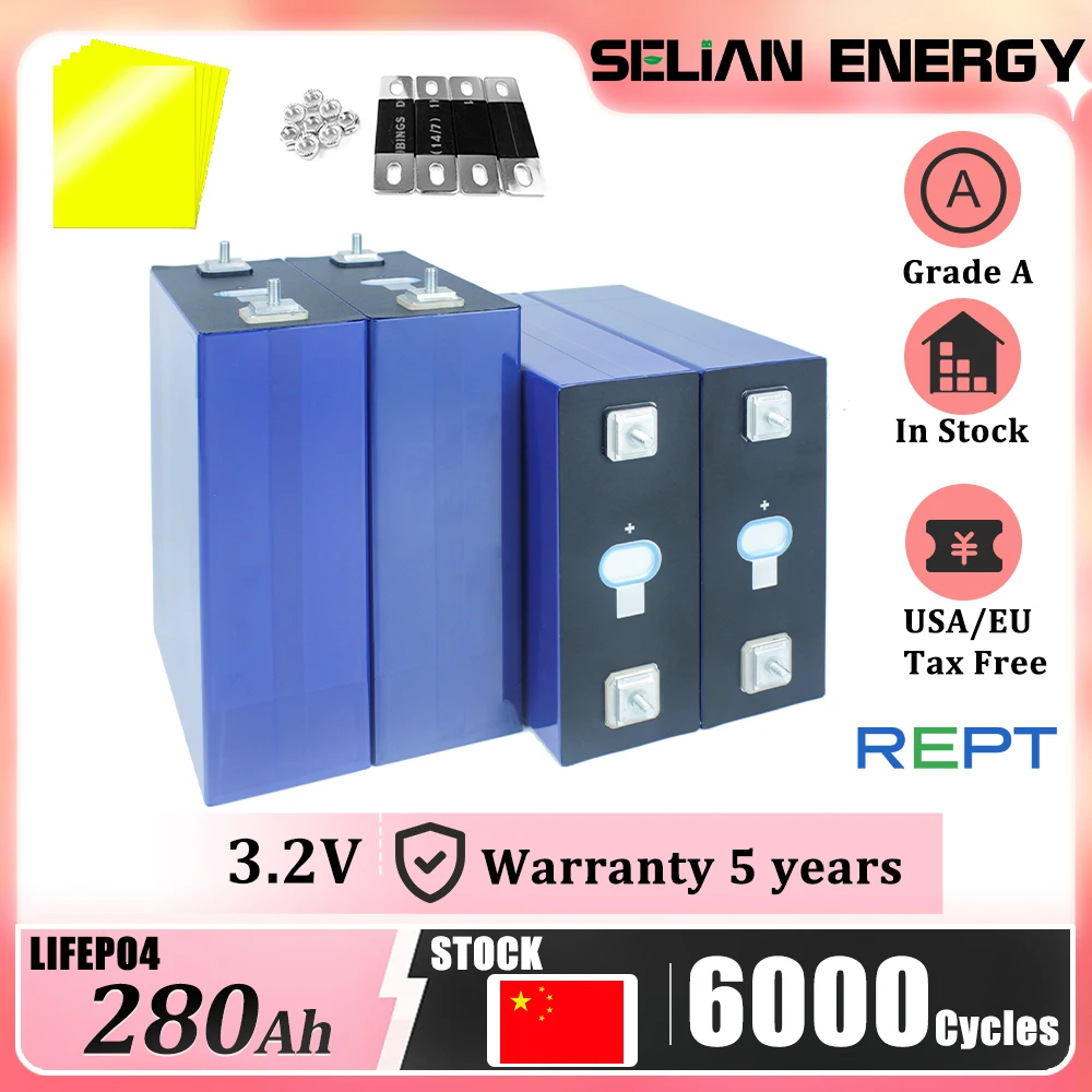 LiFePO4 280Ah 3.2V Lithium iron Phospha Cell 6000+ Cycles For DIY 12V Solar Energy Storage Free Busbars EU UA TAX FREE