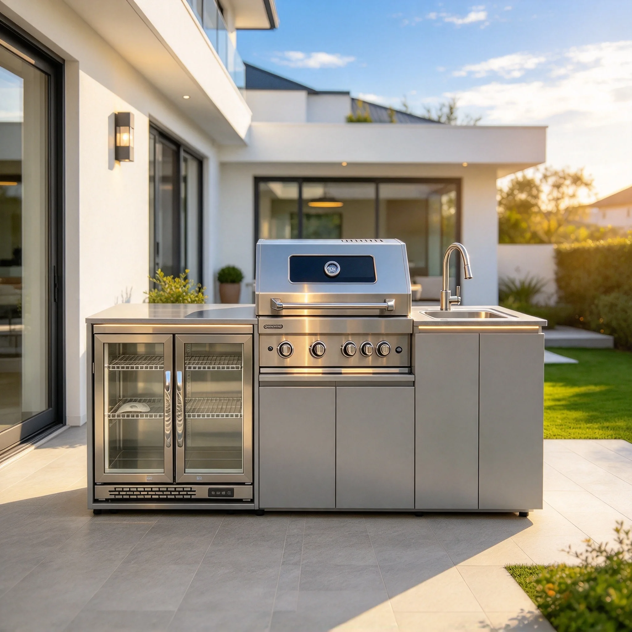 Hot Sale Modular BBQ Outdoor Kitchen with Grill Fridge Sink Drawers Doors 304 Stainless Steel Backyard Grilling Set