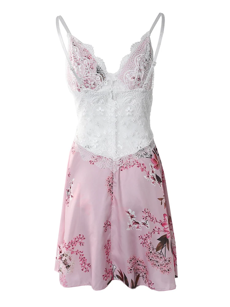 Sleepwear Woman Contrast Lace Floral Print Sleep Dress