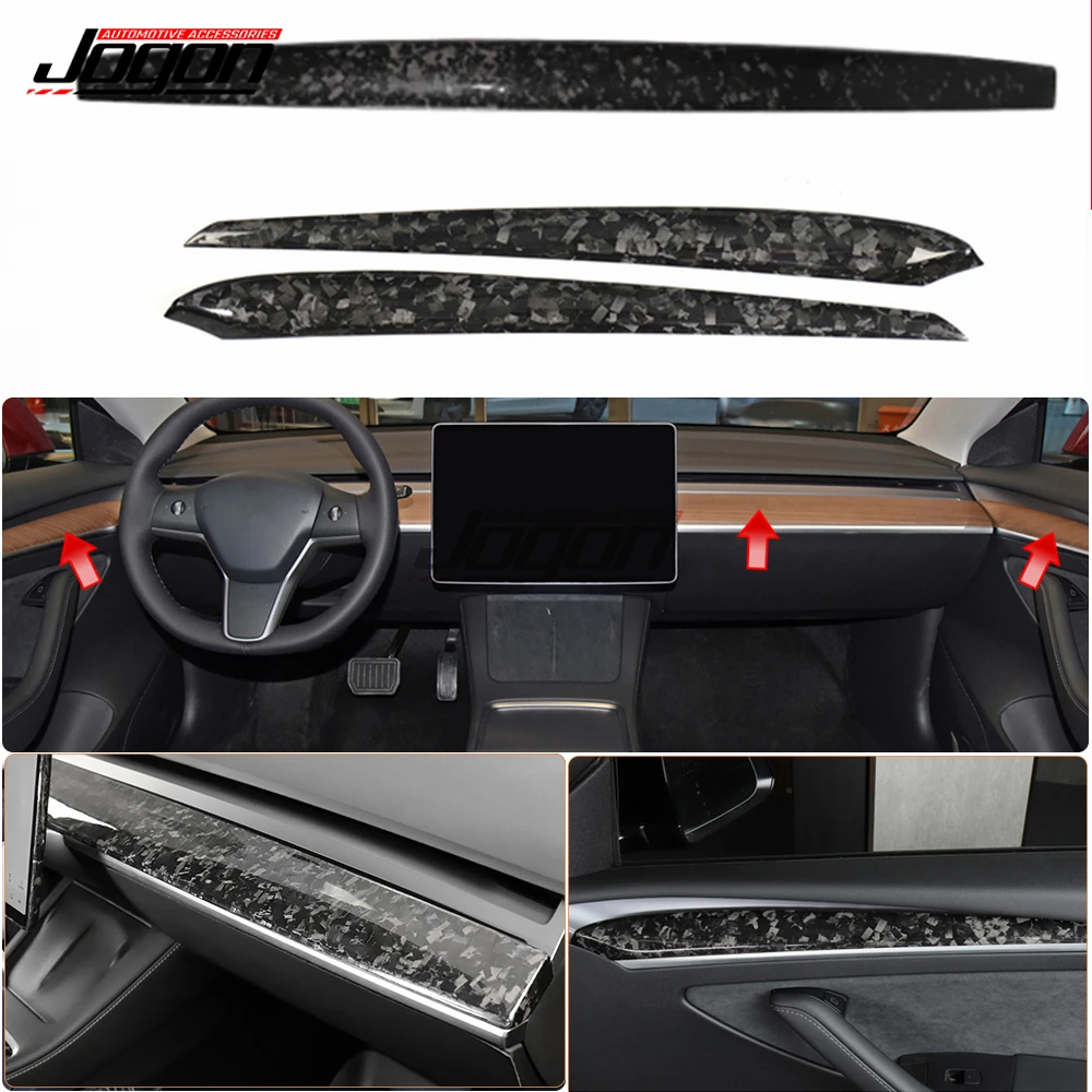 Forged Carbon Car Interior Center Console Control Dashboard Panel Side Inner Door Strip Cover Trim For Tesla Model 3 Y 2020-2022