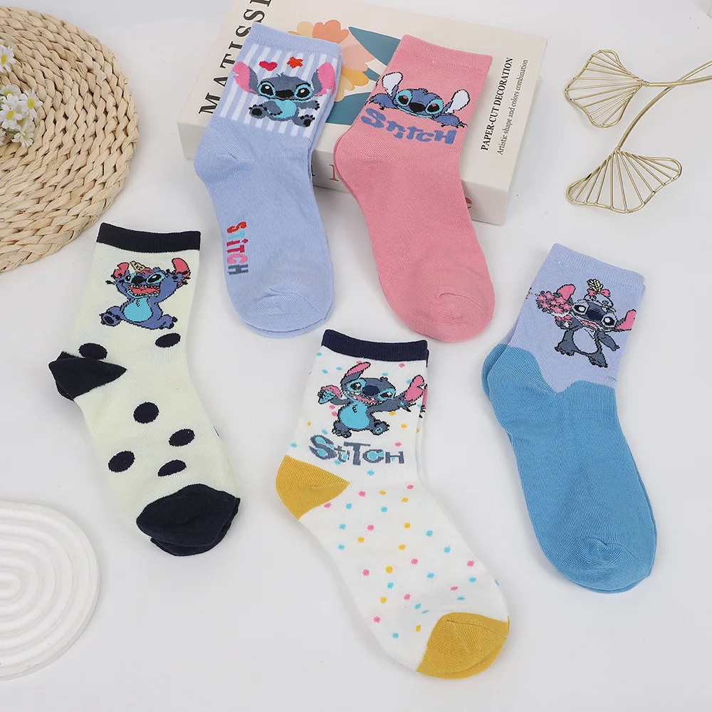 5 أزواج Kawaii ليلو وستيتش أنيمي منتصف العجل الجوارب لطيف الكرتون بتمشيط جوارب قطنية ربيع الخريف الأطفال الجوارب هدايا عيد