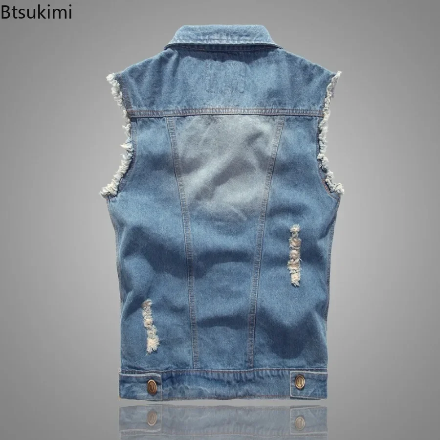 Fashion New Denim Sleeveless Jacket Men's Cotton Casual Jeans Waistcoat Korean Hole Cowboy Slim Vest 2024 Men Hip Hop Streetwear