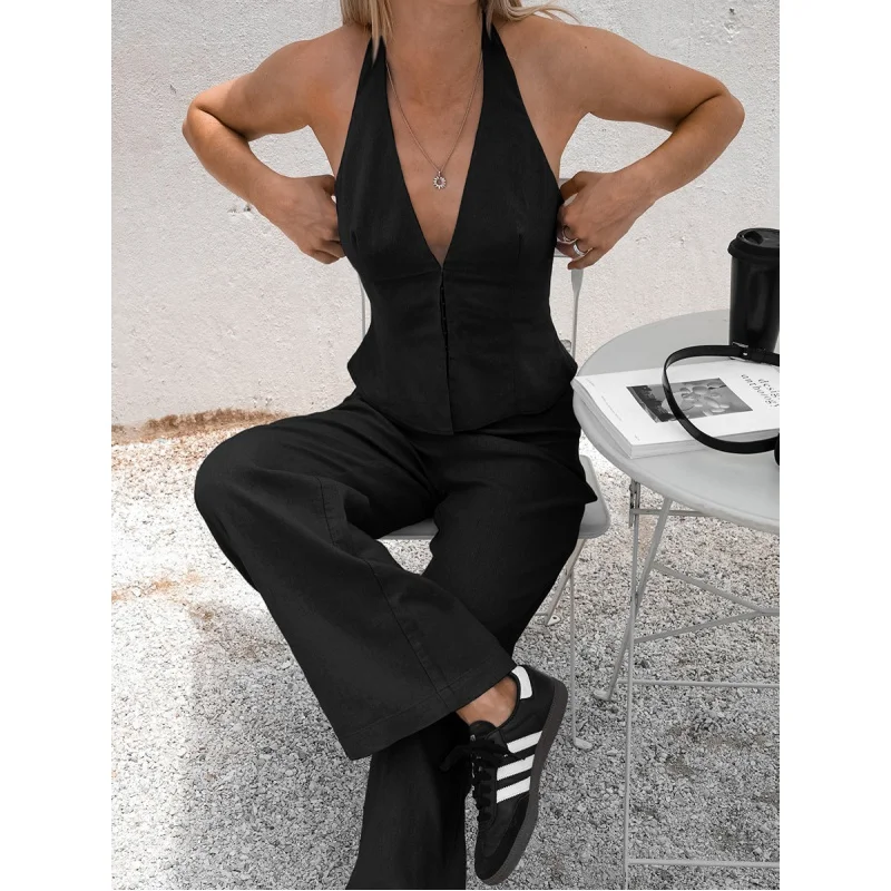 Estate popolare tinta unita moda Casual Set cotone e lino senza maniche Halter Top pantaloni a vita alta in due pezzi all'ingrosso