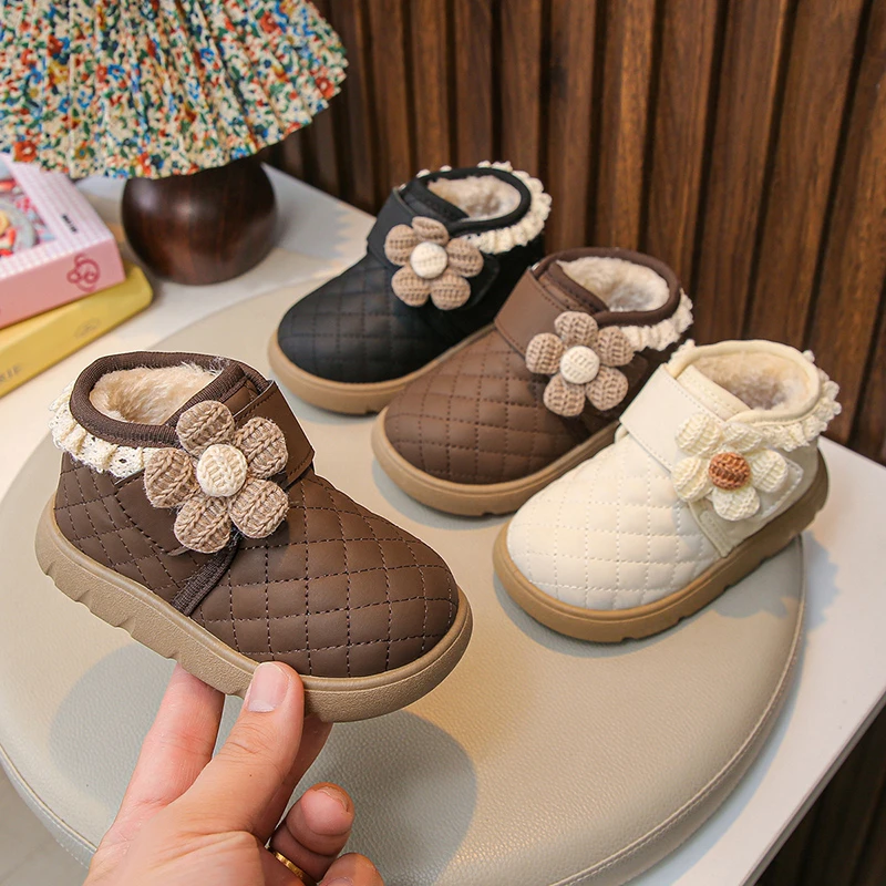 2025 Girls Winter Thickened Fleece Lined Snow Boots Warm Cute Cartoon Cotton Shoes Flat Heel Booties for Kids Ages 2-5 Years Old
