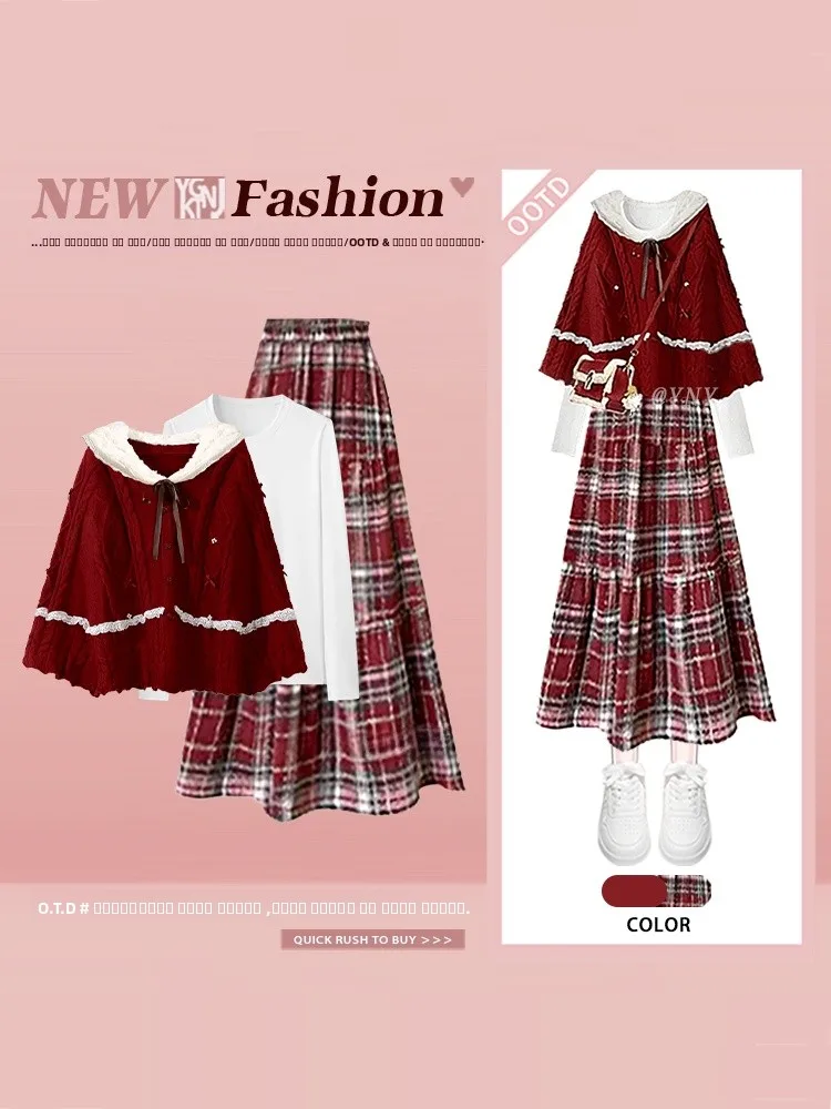 

Red Knitted Sweater Plaid Skirt Slimming Effect New Year Aosphere Large Size Women's Vintage Tee-piece Set