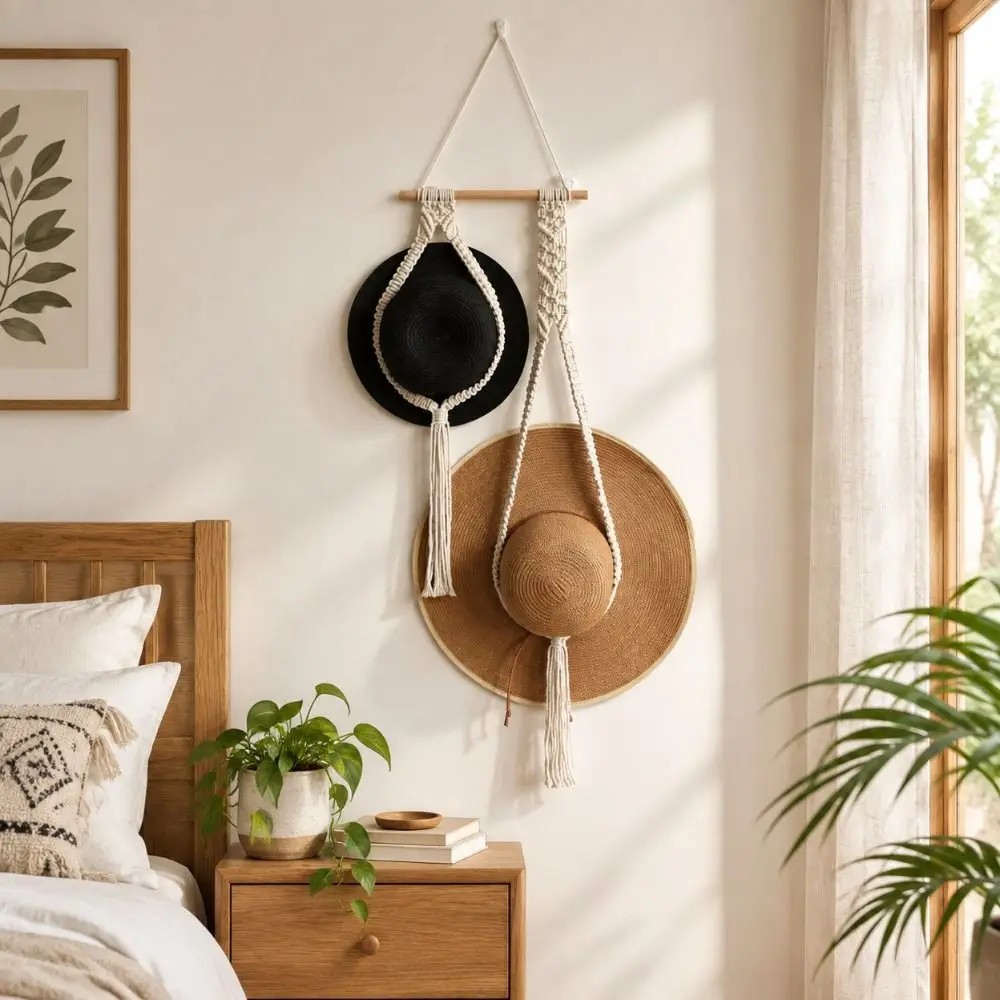 New Bohemian Hat Rack Wall Mounted Wood Hat Organizer Handmade Woven Hat Holder Wall Decor