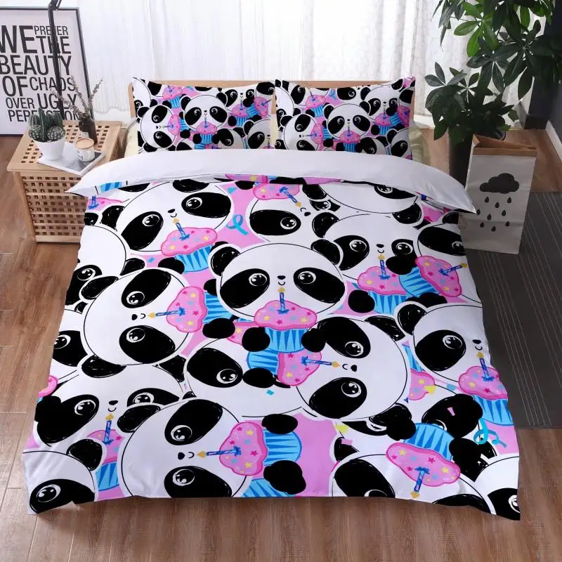 Cartoon Panda Duvet Cover Set King Cute Panda Drinking Water Twin Bedding Set Microfiber Kawaii Black White Bear Comforter Cover