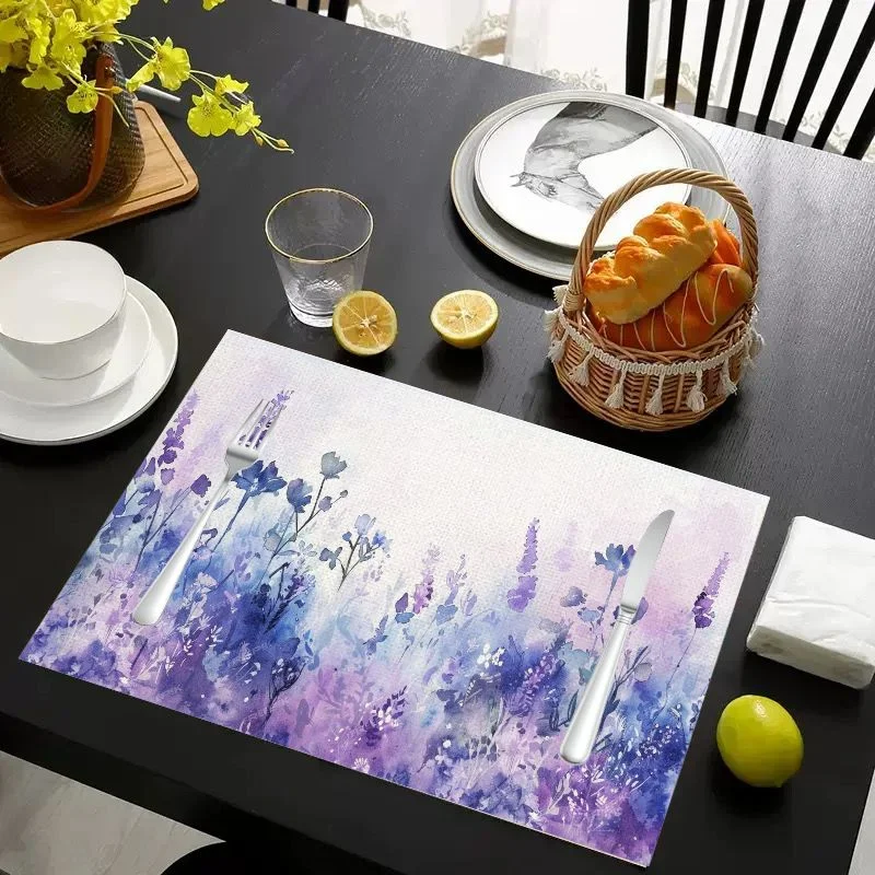 VIKAMA Placemat Pink Flowers Green Leaves, Waterproof Oil-Proof Heat-Resistant Dining Table Mat for Home