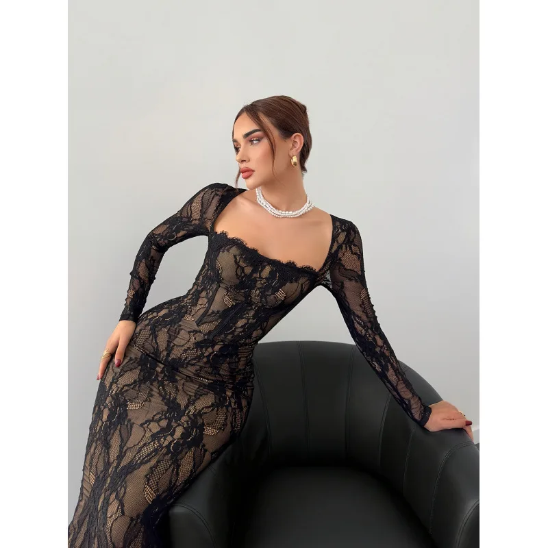 

2025 New Fashion Hip-covering Lace Slim Dress Women Autumn Sexy And Elegant Solid Color Slit Long-sleeved Dresses For Women
