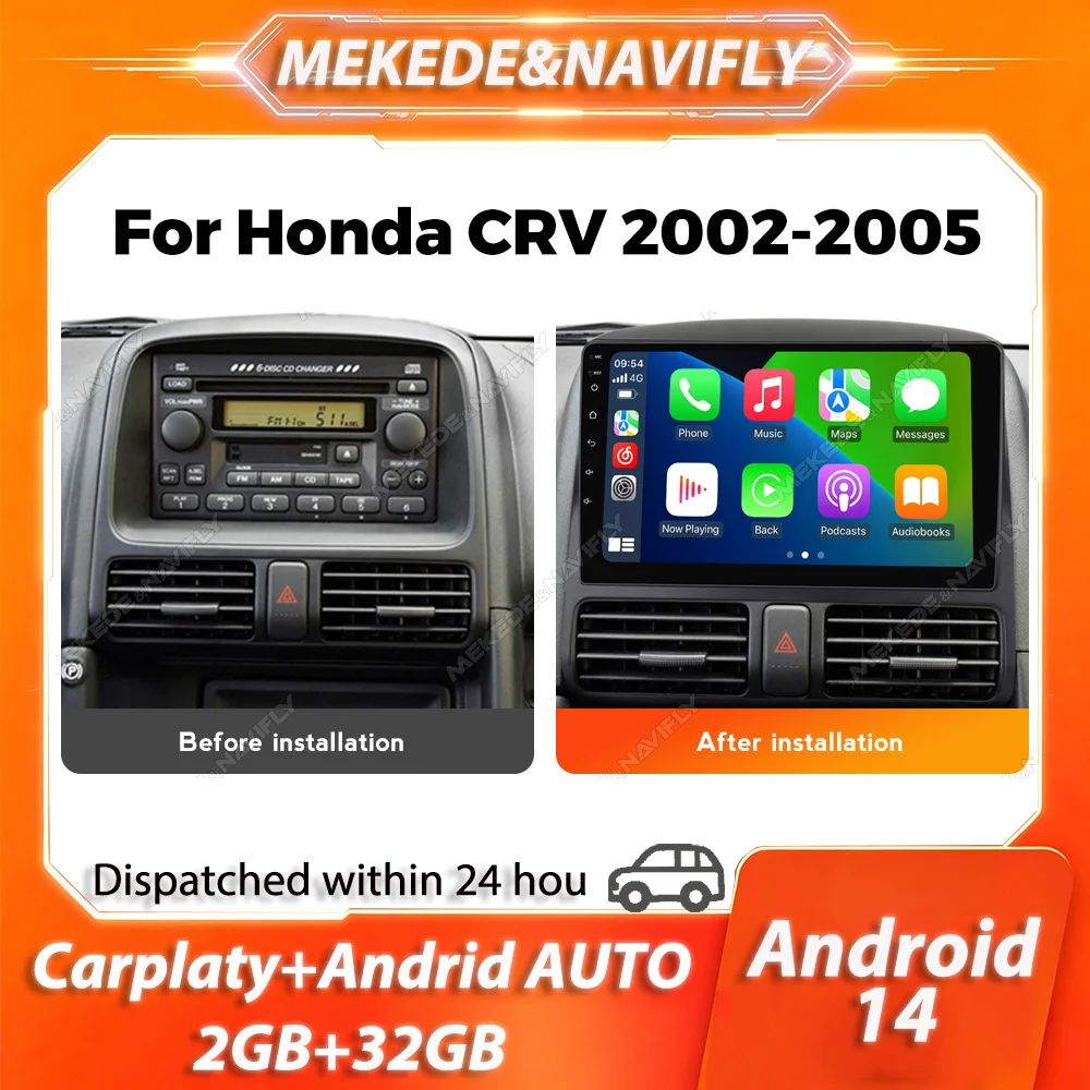 MEKEDE&NAVIFLY Android 14 Car Radio For Honda CR-V CRV 2 2001-2006 2 Din Carplay GPS Central Multimedia Smart Car Auto Systems