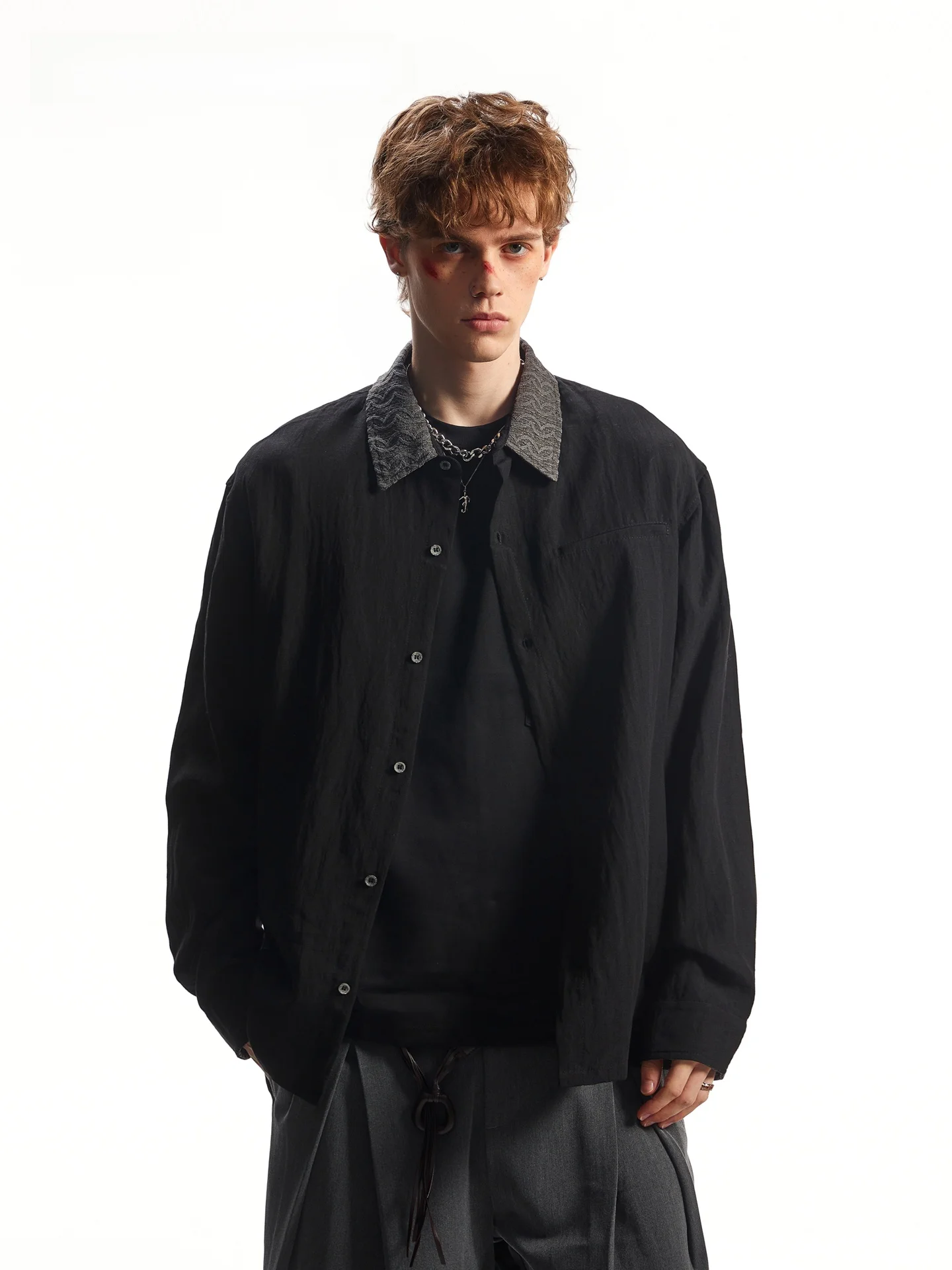 SDMADE Linen Lyocell  Color Block Collar Long Sleeve Shirt Men Women Autumn Embroidery Shirt Loose Fit Neutral Style