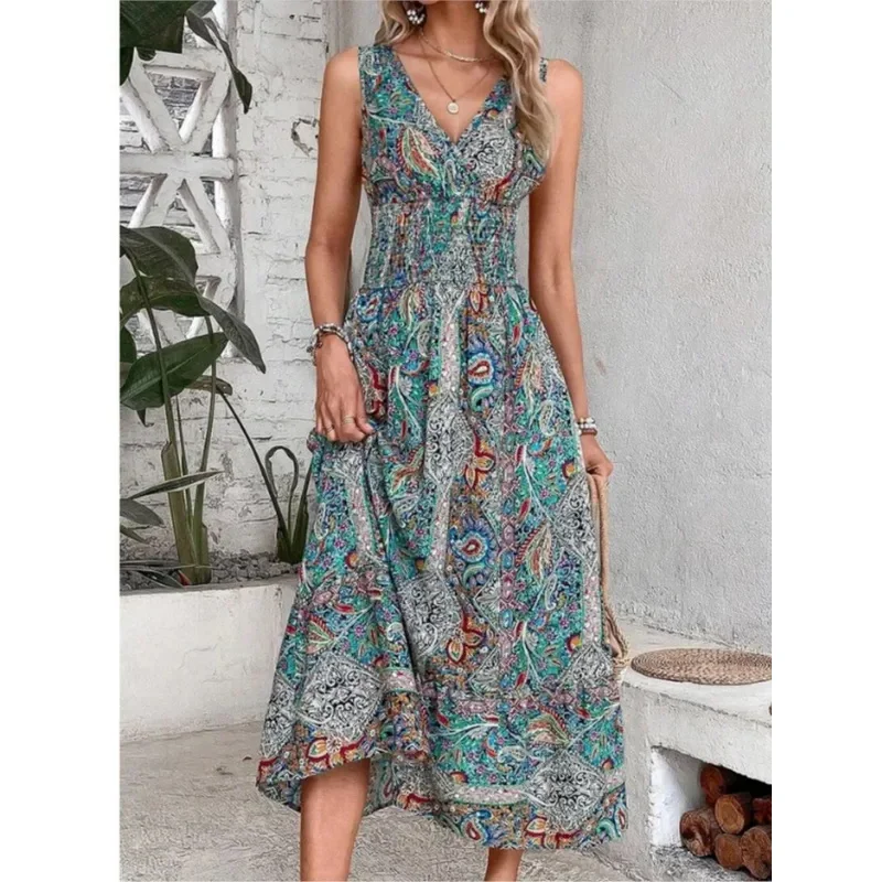 Новинка 2023 года, летнее платье в стиле бохо, женское модное пляжное платье без рукавов с принтом, элегантное повседневное праздничное женское платье DreBear House 002