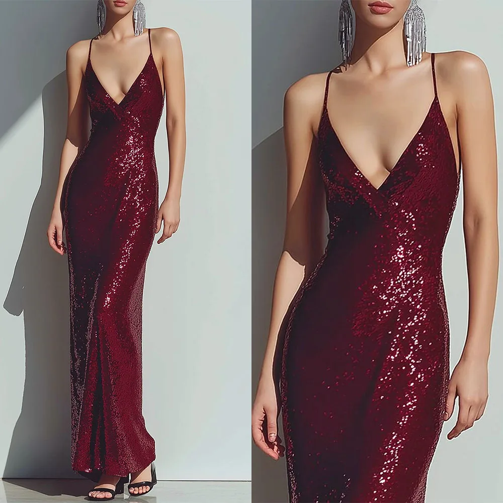 High Quality Customized Thin Suspender Sleeveless V-neck Ankle Length Red Wedding Party Vestidos De Fiesta Para Bodas فستان احمر
