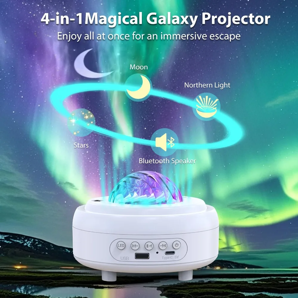 Sternprojektor mit Bluetooth-Audio – 2400 mAh Galaxy-Nachtlicht, Aurora-Projektor für Schlafzimmer, wiederaufladbare USB-Stimmungslampe