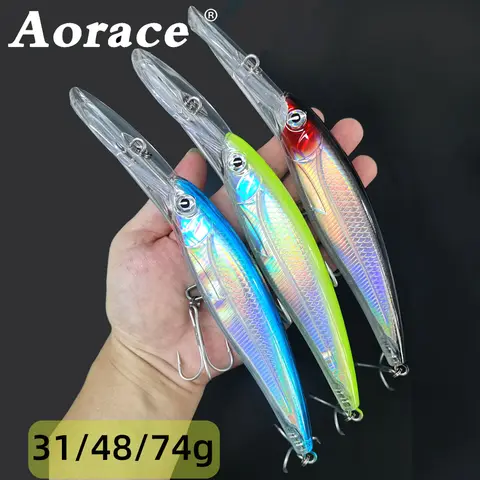 1pc 31/18/74g grande flutuante minnow isca de pesca laser isca artificial água salgada fundição longa corrico wobblers jerkbait equipamentos