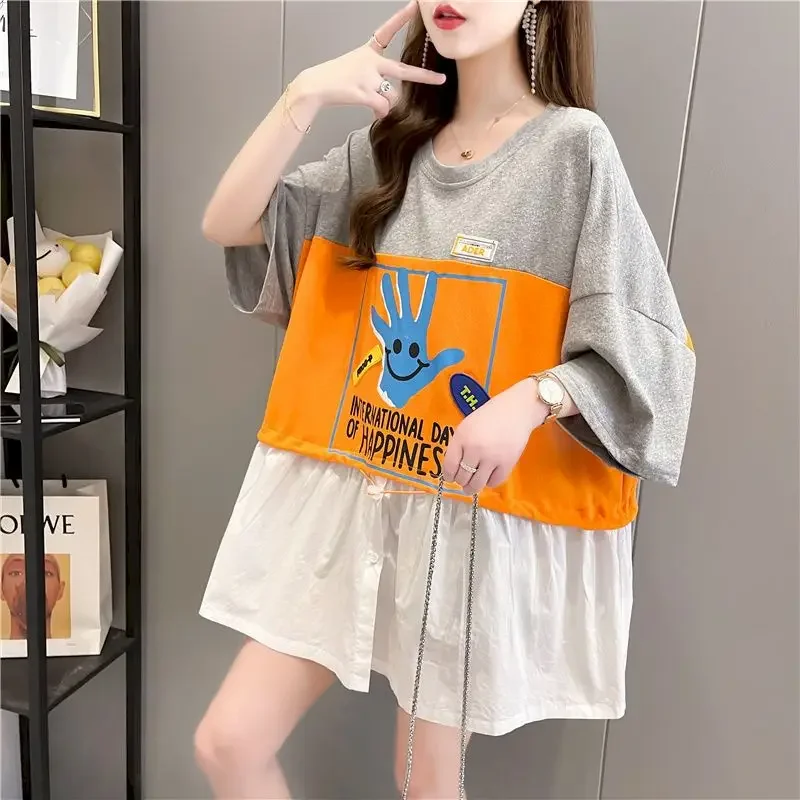 

Summer 2024 New T-shirt Women Korean Style Design Sense Fake Two-piece Short-sleeved T Shirt Large Size Loose Fried Street Tops