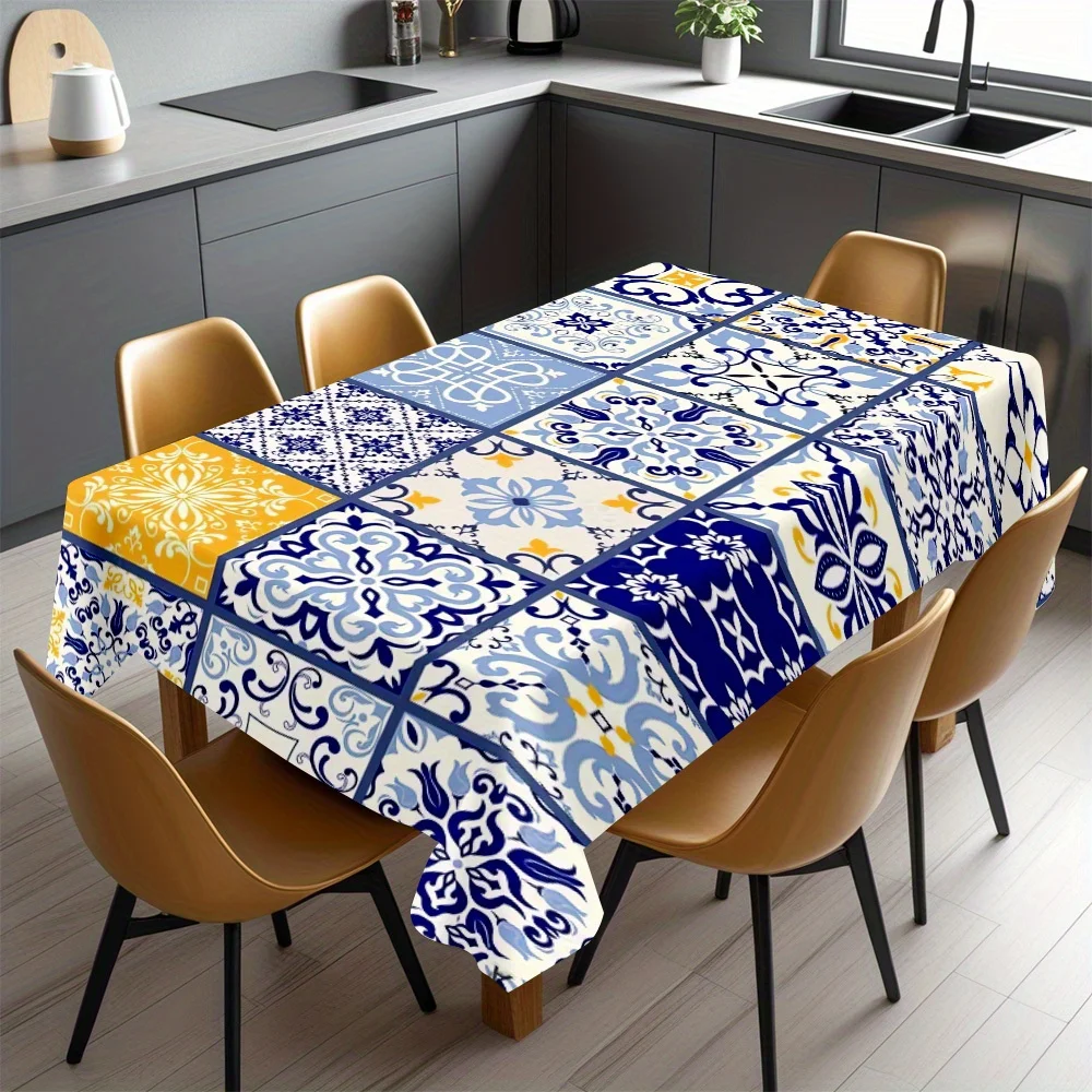 Floral Tile Tablecloth, Classic Blue Yellow Mosaic Tile Print Cover,Anti-stain Table Cloth, Decor for Dining & Holiday Gathering