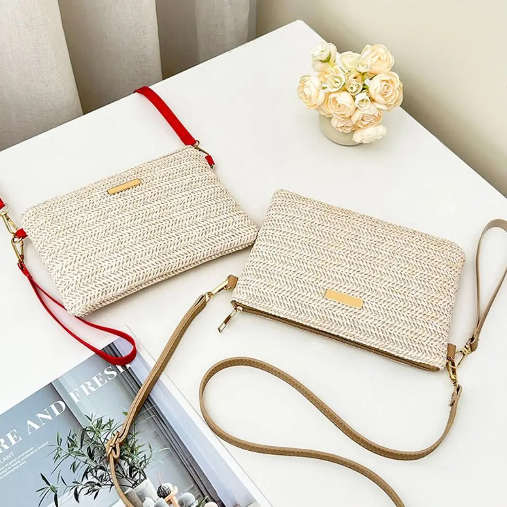 Hand-woven Straw Crossbody Bag Large Capacity Casual Woven Shoulder Bag Simple with Shoulder Strap Mobile Phone Bag Summer