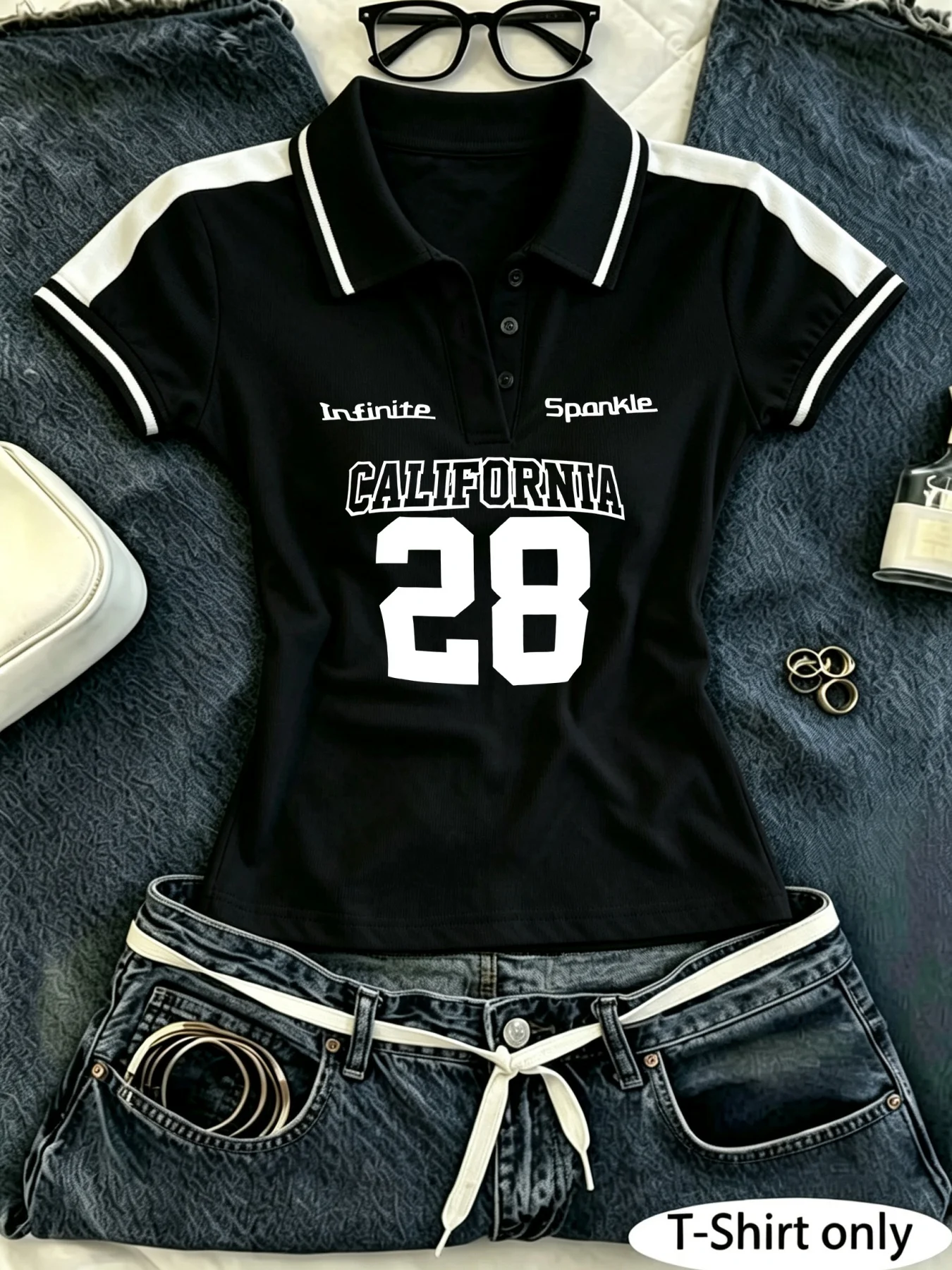 Women's Y2K Crop Polo Shirt, California 28 Number Letter Print Color‑Block Short Sleeve Collared Slim Fit Top for Street Casual