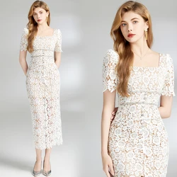 Runway Brand Designer Summer Holiday Lace Prom Dress Women Water-soluble Embroidery Diamonds Chain Button Wrap Midi Vestidos