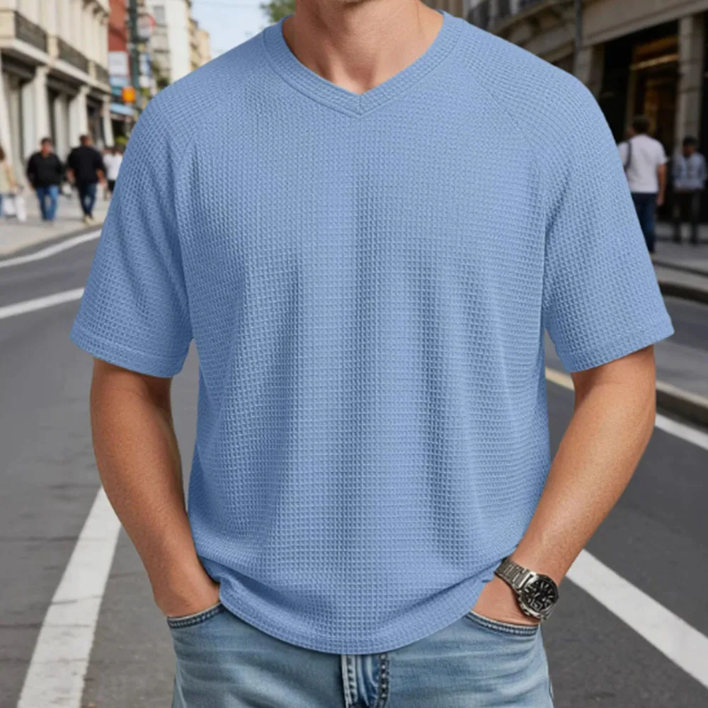 2026 New Spring/Summer Knitted Men's V-neck Off Shoulder Waffle Short Sleeve Fashion Casual Comfortable T-shirt Shirt