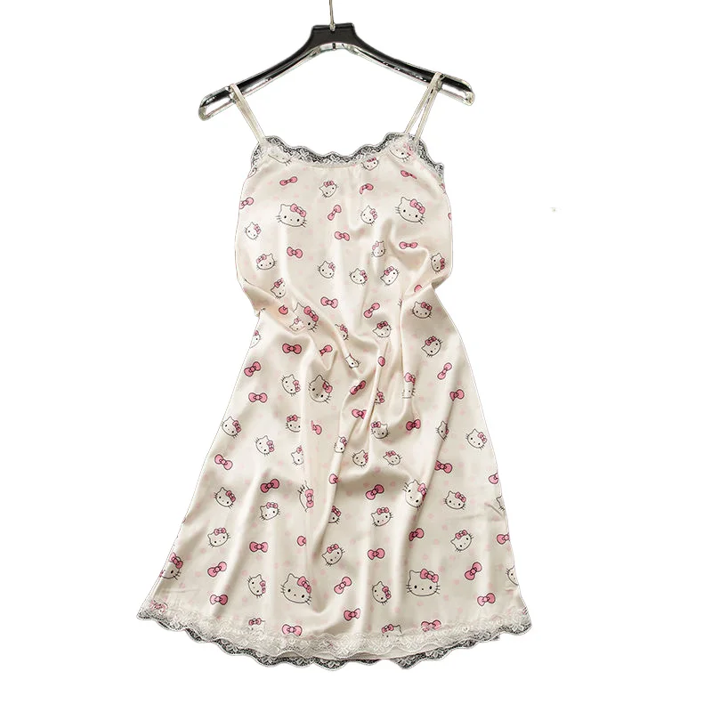 

Sanrio Sexy Nightgown Hello Kitty Ice Silk Suspender Sleeveless Vest Girl Student Summer Silk Chest Pad Pajamas Hot Summer Home