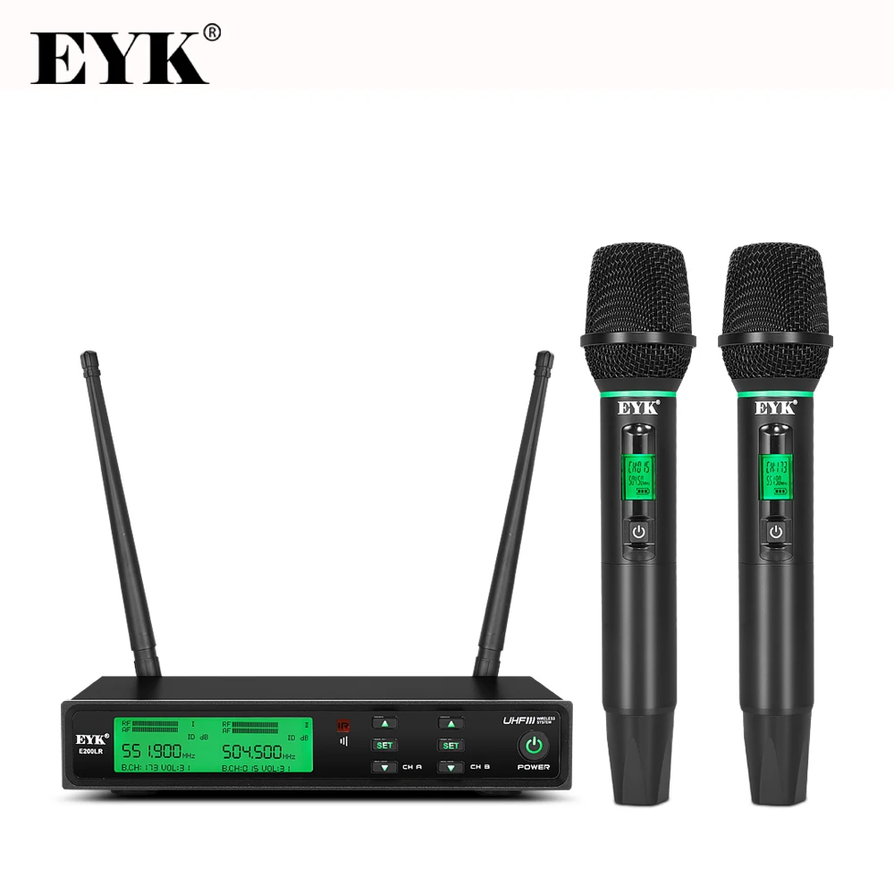 EYK E200LR Professional Wireless Microphone Metal Body UHF Rechargeable Dual Handheld Mic Treble Bass Echo for Karaoke Chruch